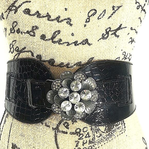 Vintage Black Croc Embossed Rhinestone stretch Belt main image 7